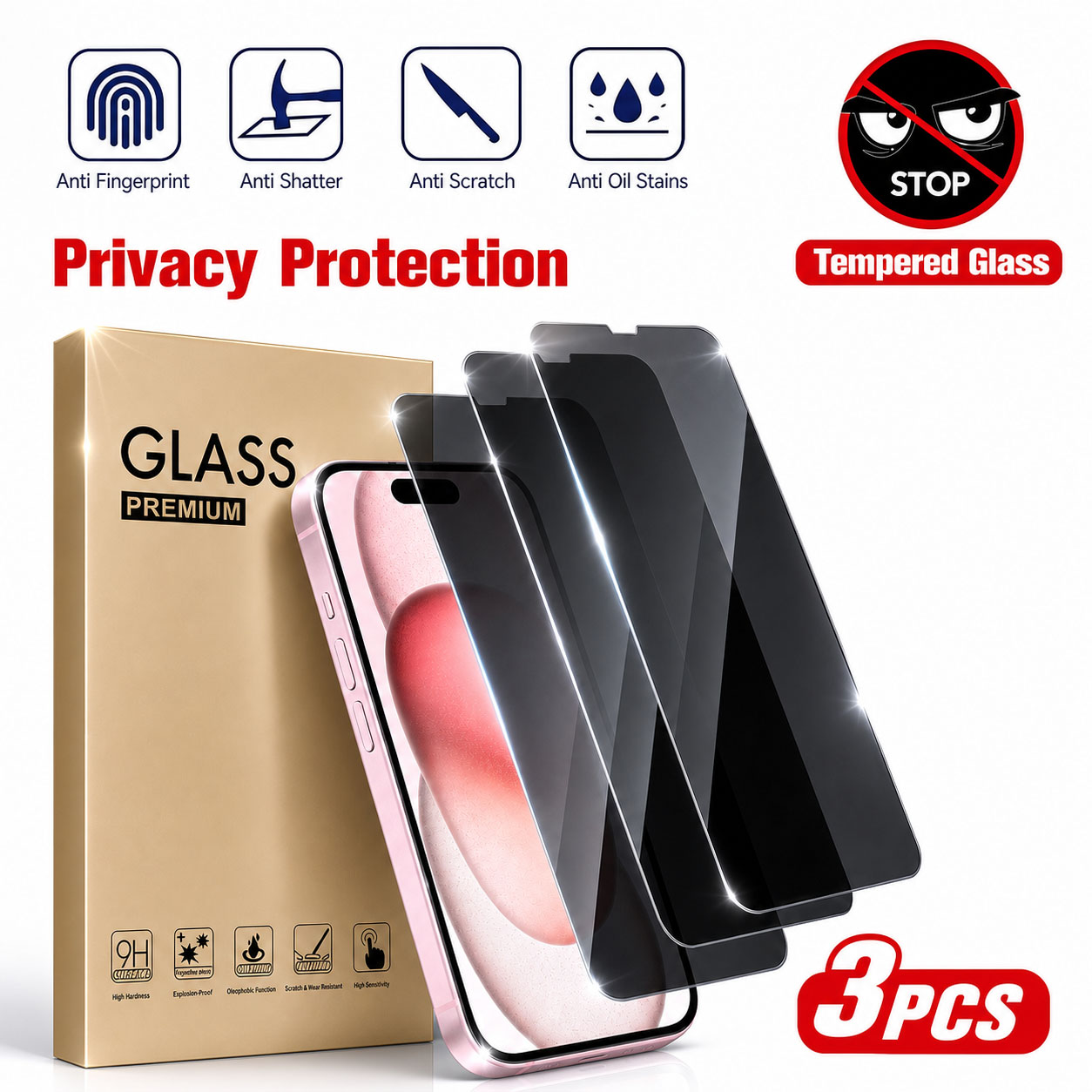 Anti Spy Privacy Glass Case - 3 stuks privacy-screenprotector, compatibel met Apple