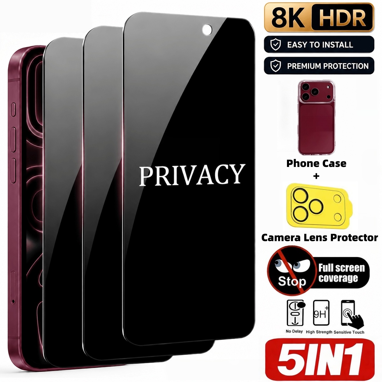 Anti Spy Privacy Glass Case - [5-delige set] 3-delige privacy-gehard glas screenprotector