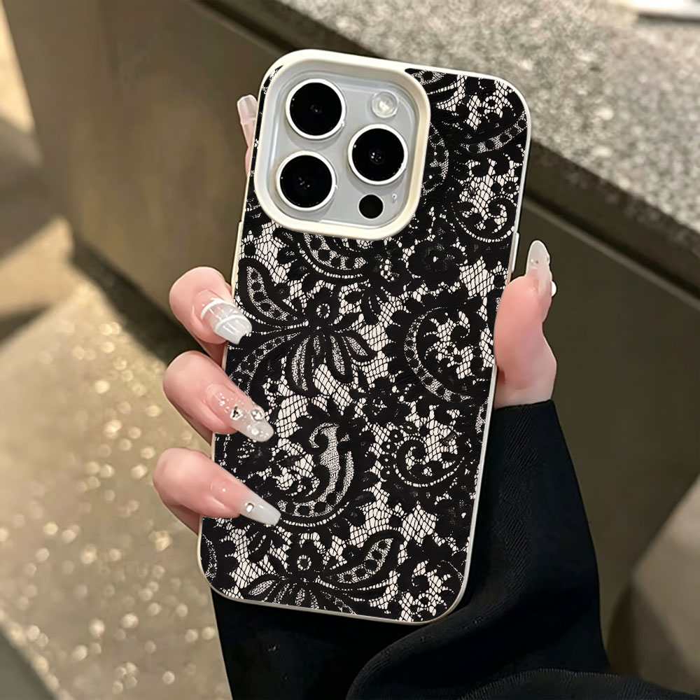 Vintage Floral Pattern Soft Case - Zwarte vintage bloemenkant lychee patroon telefoonhoesje