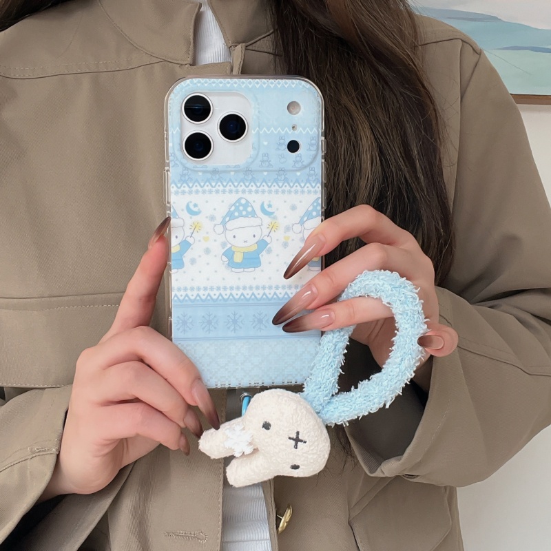 Cute Cartoon Wrist Strap Silicone Case - Schattig winter polkadot mutsje Miffy telefoonhoesje
