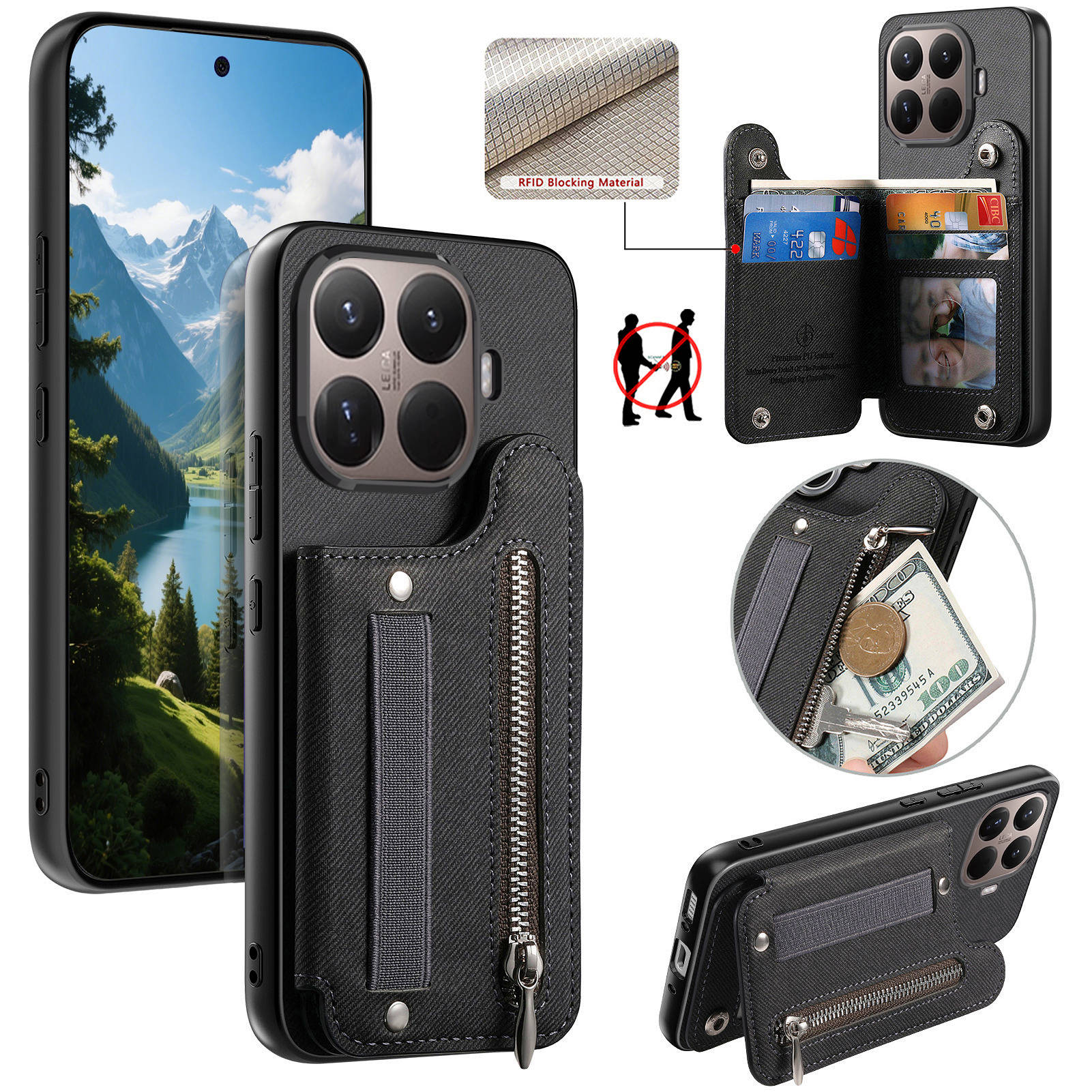 Leather Wallet Card Holder Phone Cover - RFID Polsband Rits Portemonnee Leer met