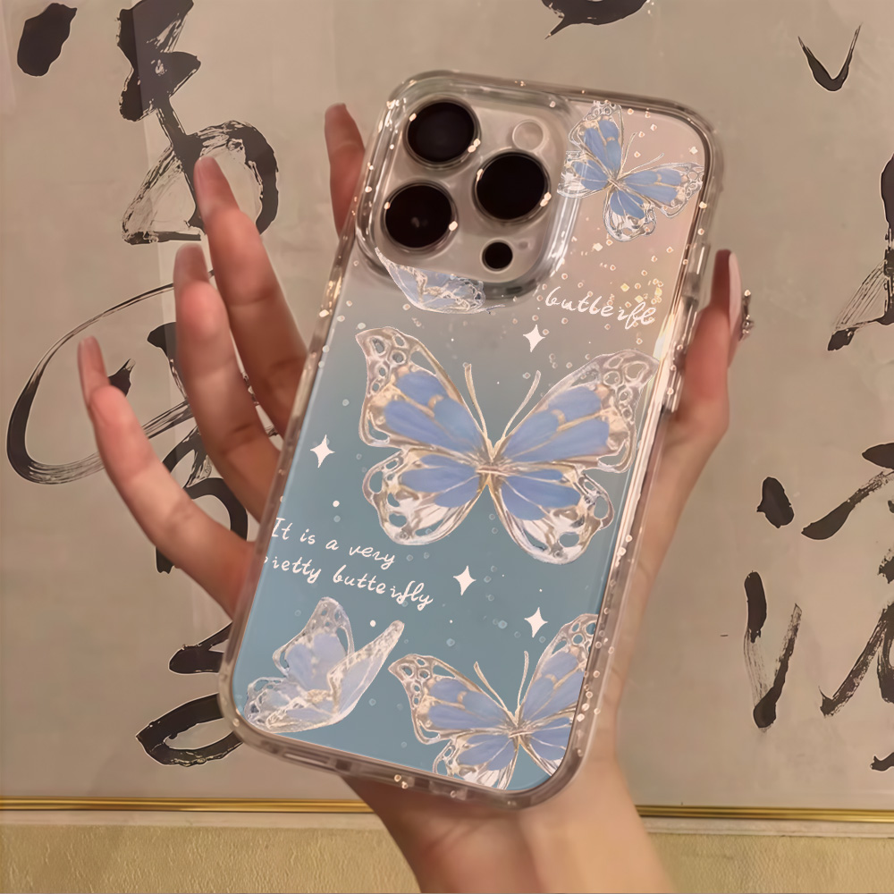 Clear Shockproof Bumper Case - Luxe Blauwe Vlinder Glitter Telefoonhoesje voor